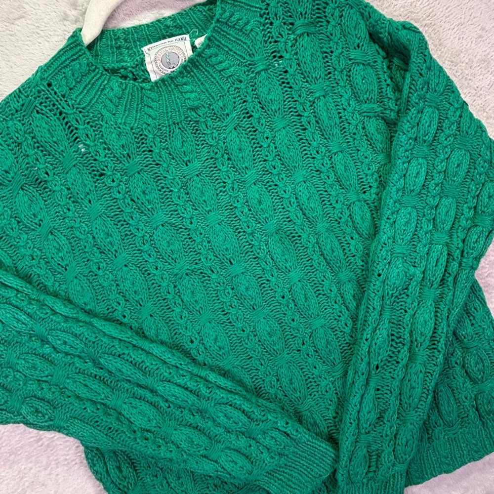 Cape Isle Knitters Women Sweater L Green Hand Knitted Ramie Cotton Cable Knit